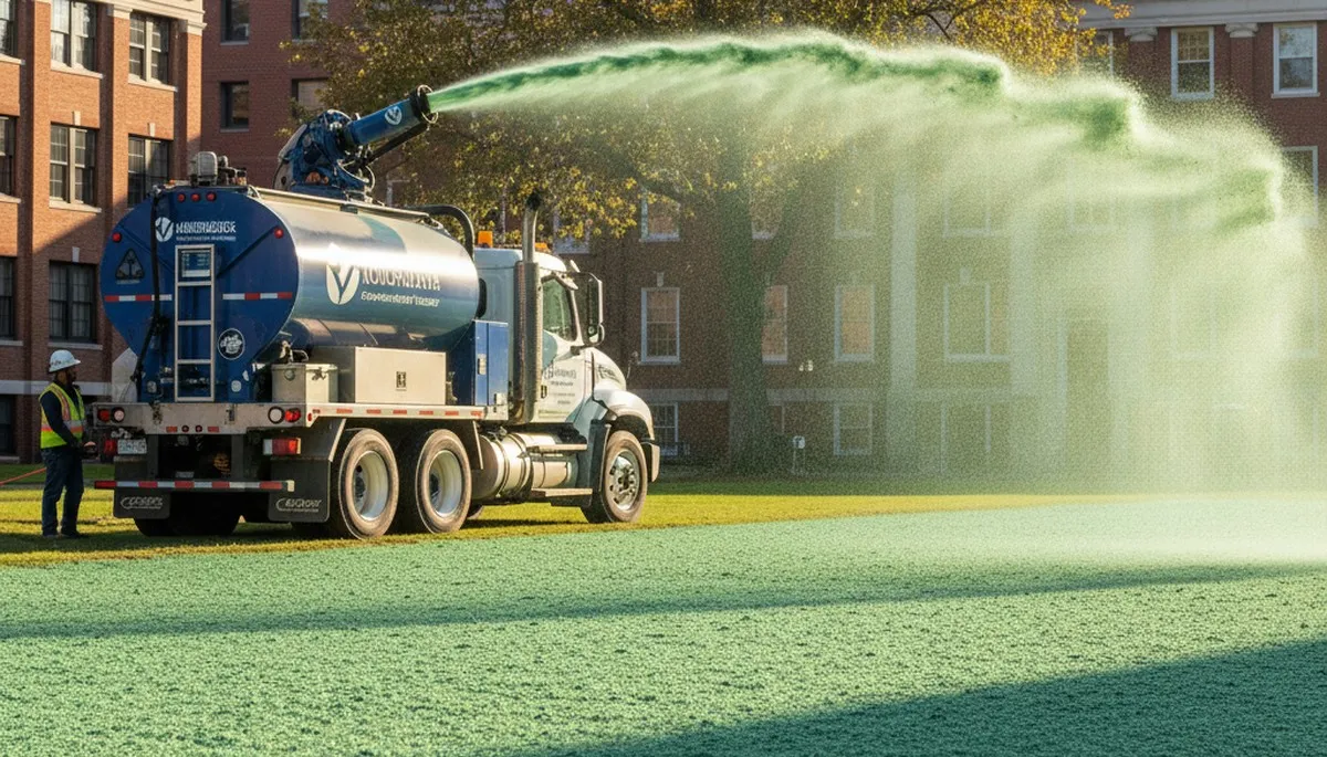 Hydroseeder truck spraying green slurry for lawn installation in Cambridge, MA landscaping project