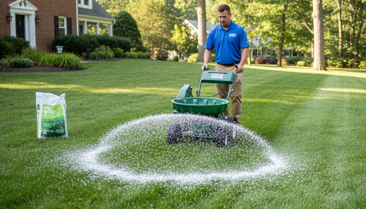 Lawn care technician applying fertilizer with broadcast spreader in Cambridge, MA residential yard